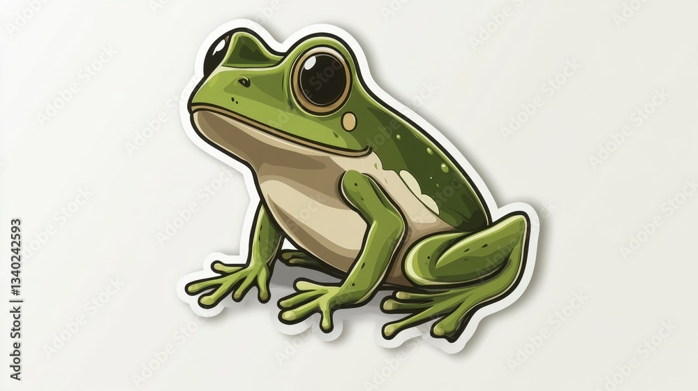 Obraz premium Pixel art illustration of a green tree frog sitting on a white background. The frog has large eyes and a friendly expression.