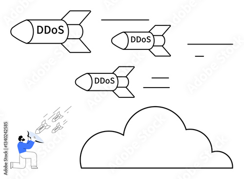 Incoming DDoS missiles targeting a cloud infrastructure intercepted by a person using a shield. Ideal for cybersecurity, cloud protection, internet threats, digital safety, IT defense, hacking