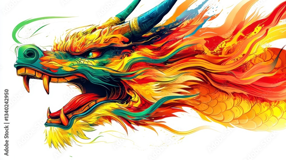 Fototapeta premium Close up of a vibrant, pixelated dragon head, predominantly in shades of orange, yellow, and green, with fiery details and a dynamic, roaring expression against a white background. 