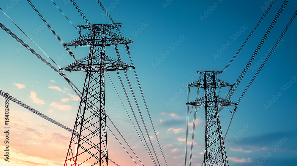 Electricity pylons and power lines at sunset: delivering sustainable energy Electricity pylons and power lines at sunset: delivering sustainable energy