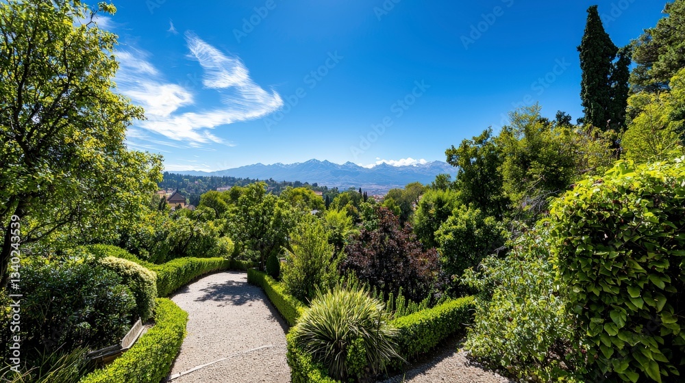 Scenic mountain view lush garden pathway nature landscape serene environment wide angle concept Scenic mountain view lush garden pathway nature landscape serene environment wide angle concept