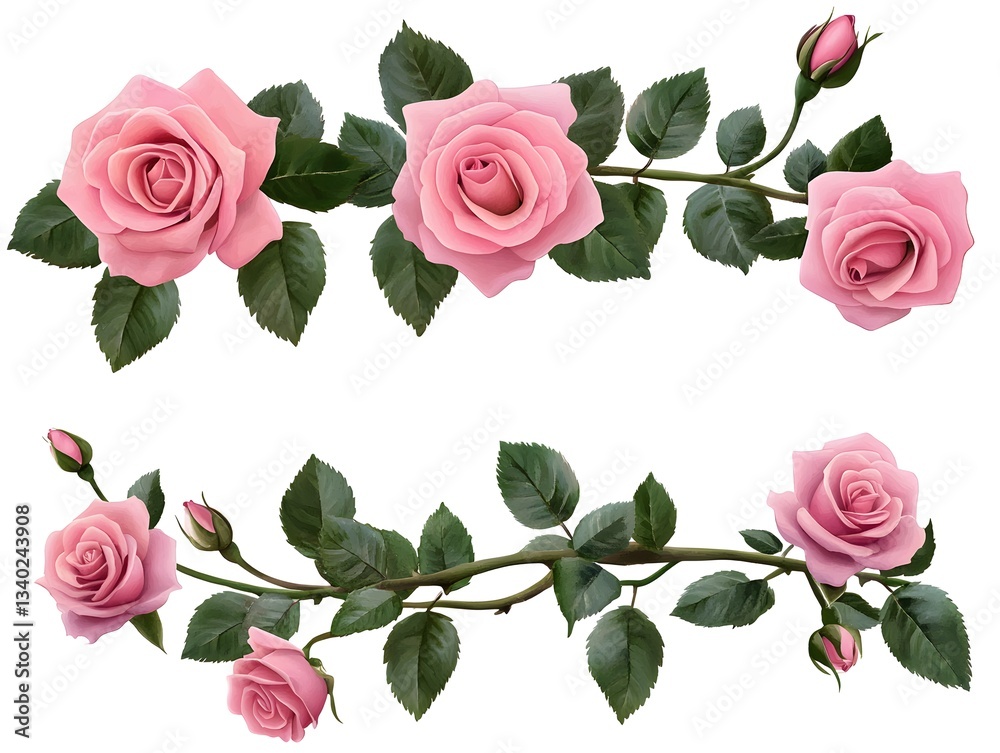 Naklejka premium Pink Roses Branch Floral Design Botanical Illustration Wedding Decor