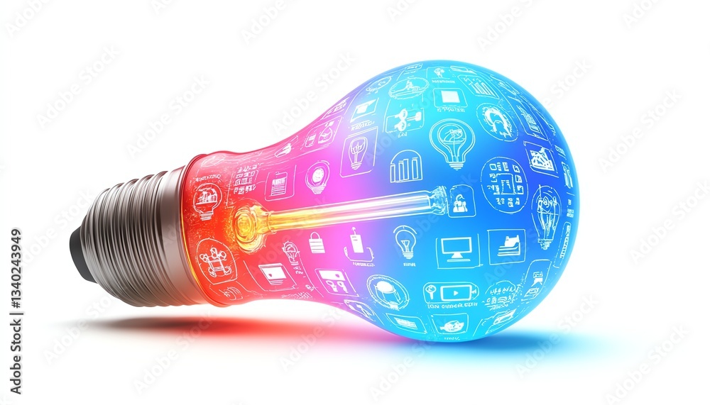 Innovative lightbulb concept with 3Dengraved business and technology icons Innovative lightbulb concept with 3Dengraved business and technology icons
