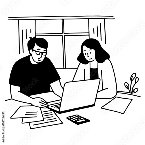 Couple using a laptop while working on their home finances
