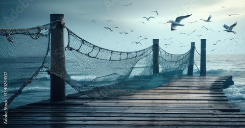 Fishing net draped over wooden pier with seagulls flying overhead deep navy and muted silver symbolizing coastal traditions photo