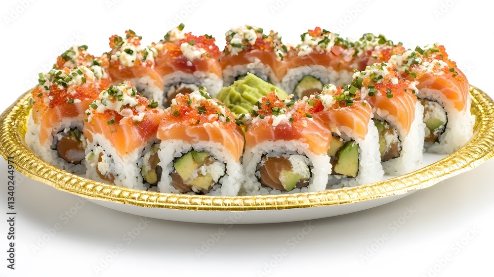 31. A plate of sushi rolls with salmon, avocado, and rice on a white background 31. A plate of sushi rolls with salmon, avocado, and rice on a white background