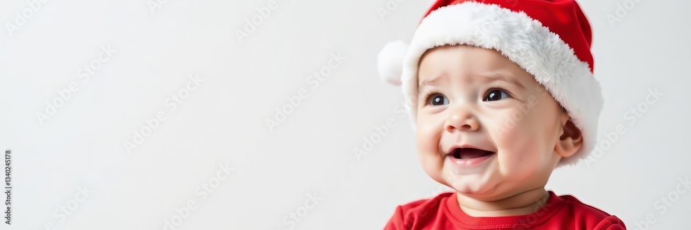 Close-up of adorable infant wearing red santa hat against white background, Christmas, newborn, cap Close-up of adorable infant wearing red santa hat against white background, Christmas, newborn, cap