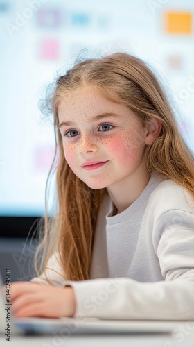 Free Download Young Girl Engaged in Online Learning with Laptop and Focused Smile - GFXLoad