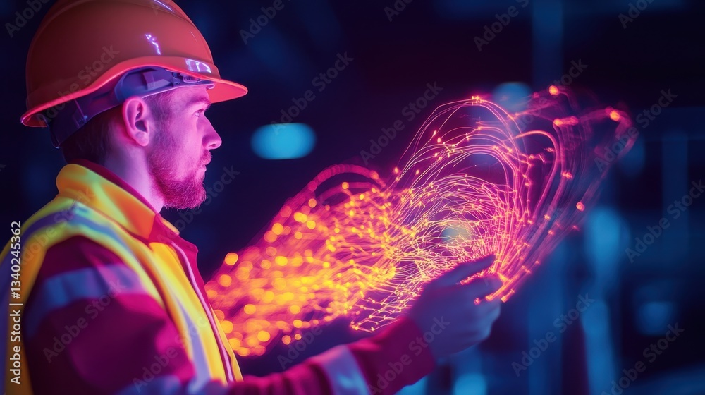 Engineer in Safety Gear Using Digital Technology to Enhance Industrial Processes with Glowing Data Visualization Effects at Night in a Factory Environment Engineer in Safety Gear Using Digital Technology to Enhance Industrial Processes with Glowing Data Visualization Effects at Night in a Factory Environment