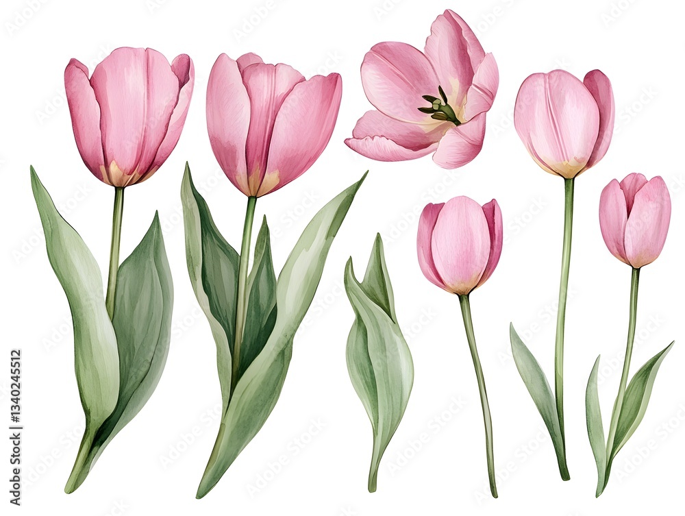 Obraz premium Pink Tulip Watercolor Botanical Illustration Set