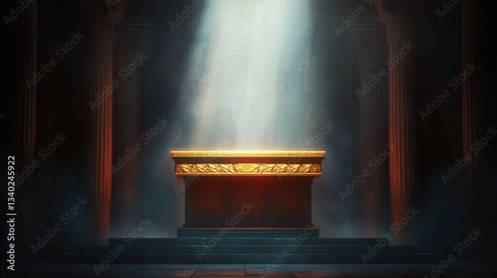 Golden altar illuminated by soft light in an ancient temple, evoking mystery and reverence in a mystical and dramatic atmosphere Golden altar illuminated by soft light in an ancient temple, evoking mystery and reverence in a mystical and dramatic atmosphere
