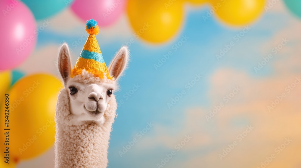 Fototapeta premium A joyful llama is dressed in a festive party hat, surrounded by bright balloons, creating a lively celebration ambiance