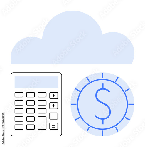 Calculator and dollar coin under a cloud highlight online financial tools, data storage, and virtual budgeting. Ideal for fintech, cloud computing, money management, calculation, technology