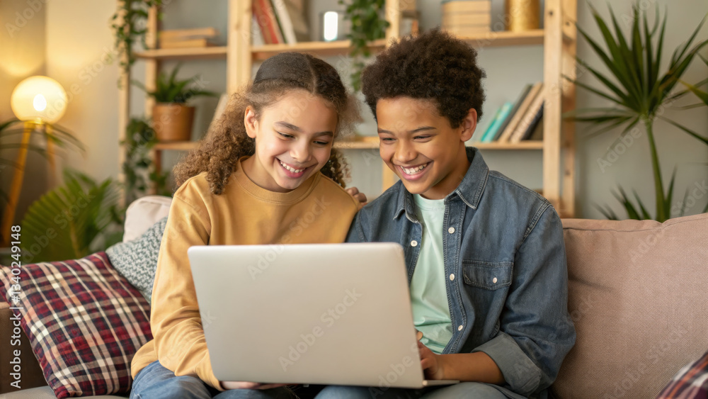 Young students smiling together while using laptop in cozy setting Young students smiling together while using laptop in cozy setting