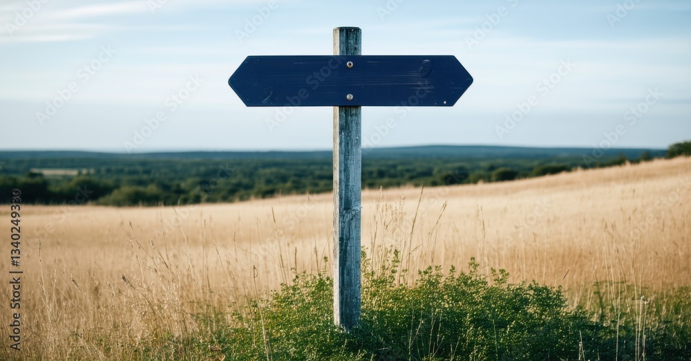 Wooden signpost with no markings standing in open field deep navy and muted silver symbolizing choice and unknown Wooden signpost with no markings standing in open field deep navy and muted silver symbolizing choice and unknown
