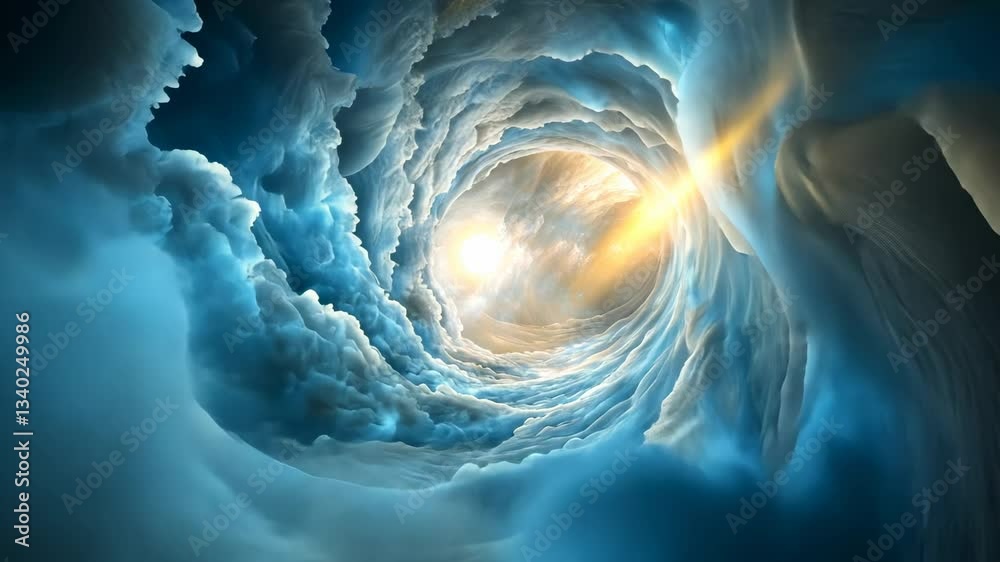 Abstract Digital Fractal Art Depicting Swirling Blue Clouds With Bright Light Center