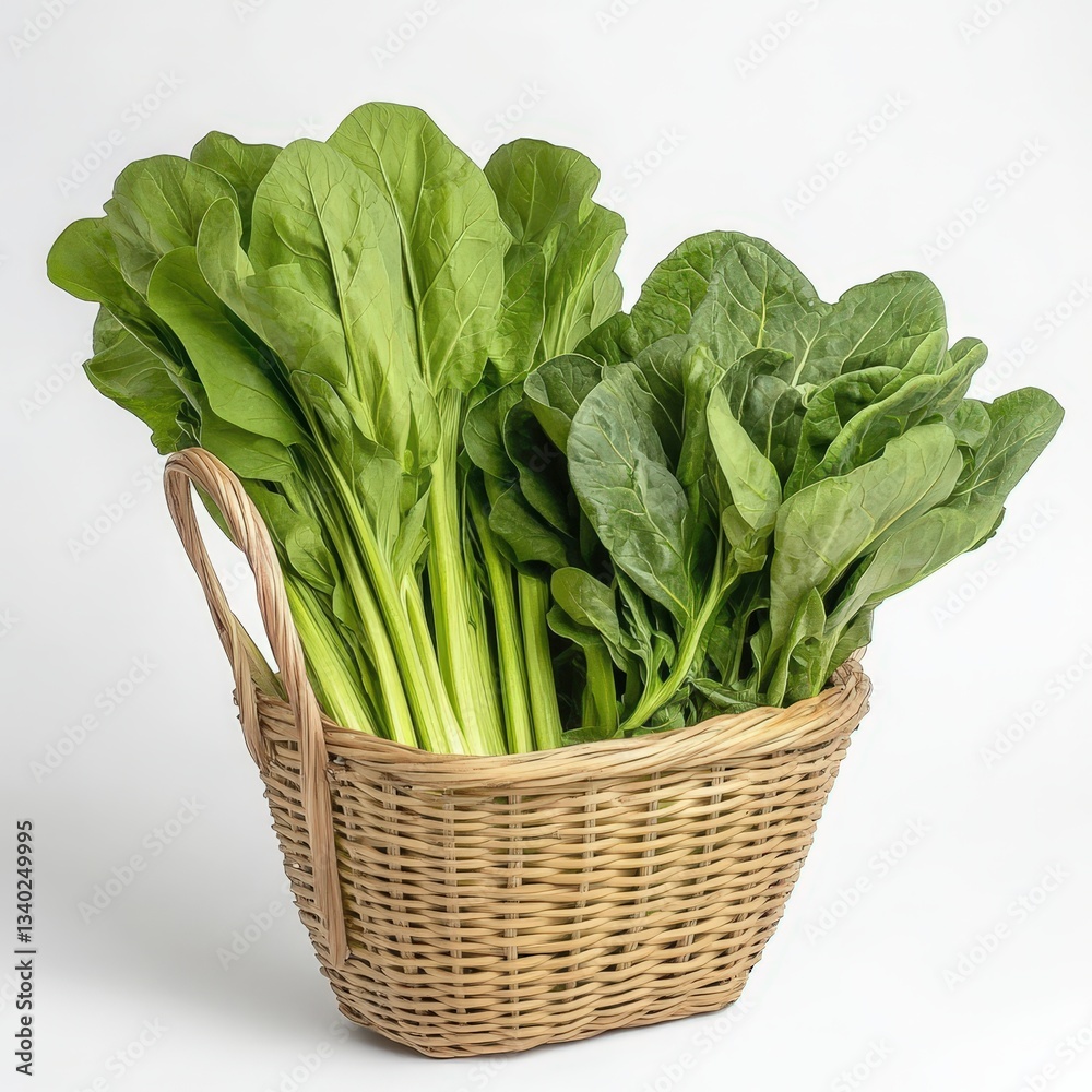 Fresh Green Spinach and Leafy Greens in a Woven Basket Fresh Green Spinach and Leafy Greens in a Woven Basket