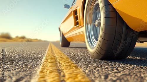 Classic car driving on desert road.