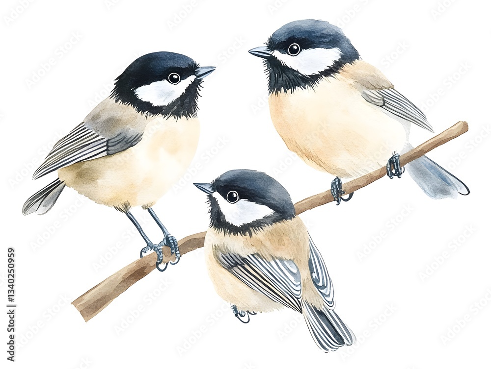 Obraz premium Watercolor Painting of Three Cute Birds on Branch