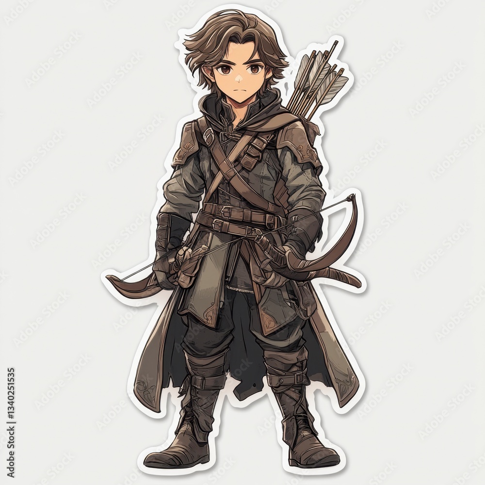 Pixel art illustration of a young archer, wearing brown and tan clothing, carrying a bow and arrows. The character is depicted in a standing pose against a white background. Pixel art illustration of a young archer, wearing brown and tan clothing, carrying a bow and arrows. The character is depicted in a standing pose against a white background.