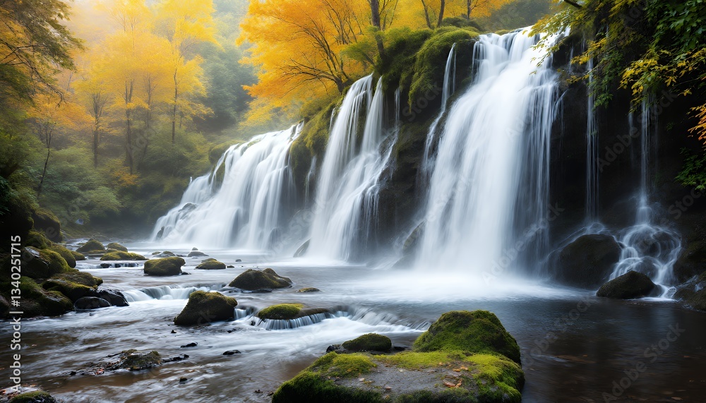 Obraz premium Autumn Waterfall Cascading Through Golden Forest