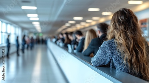 People waiting in a long queue inside a modern building.