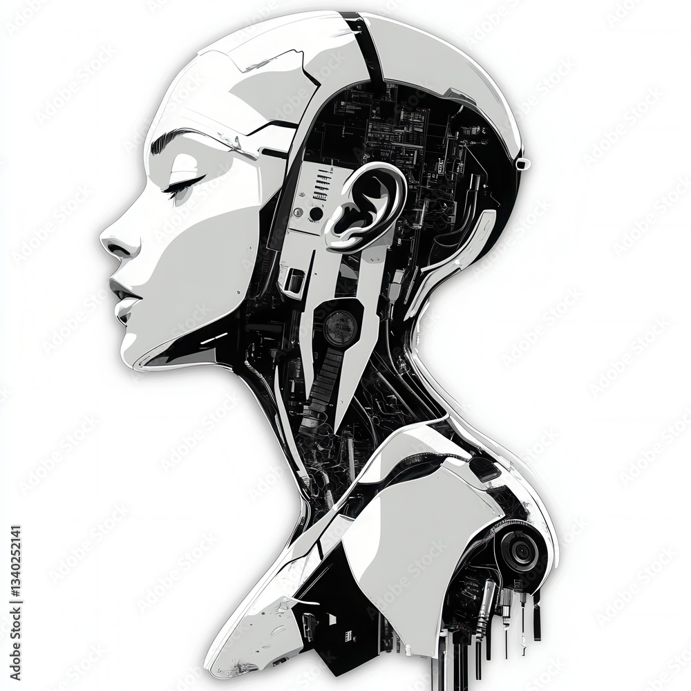 Obraz premium Profile view of a stylized female robotic head and shoulders, grayscale, digital art. Mechanical details visible, serene expression.