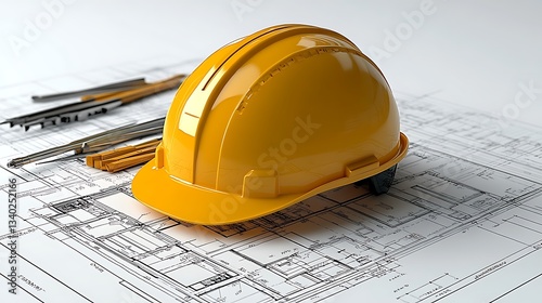 Yellow hard hat on blueprints.