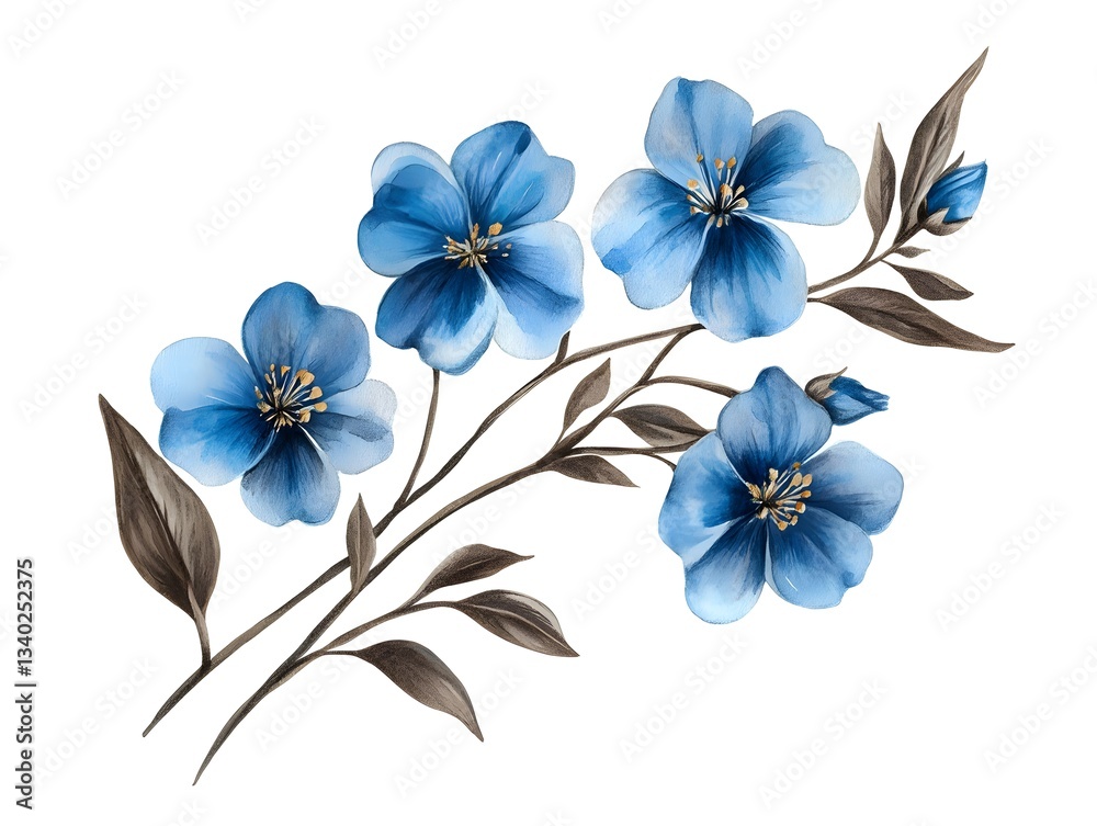 Fototapeta premium Elegant Blue Watercolor Flowers Botanical Illustration