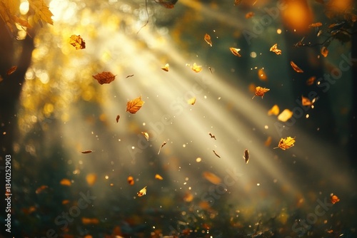A gentle breeze carries autumn leaves through shafts of warm light.