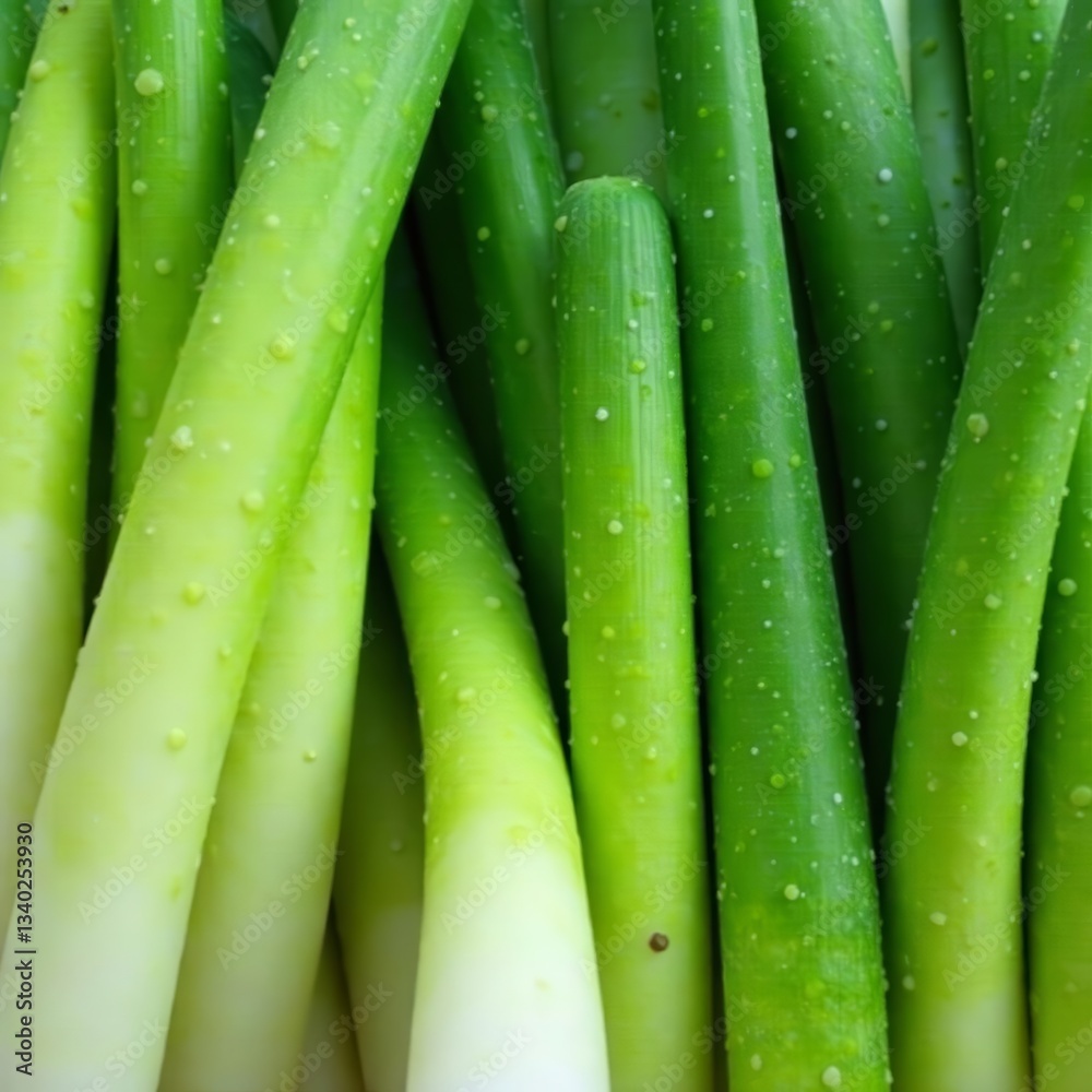 Close-up shot of vibrant green spring onion leaves, ingredient, fresh