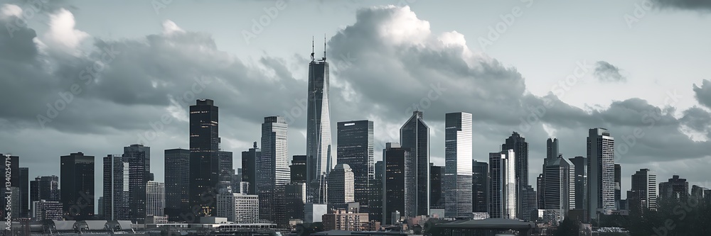 Fototapeta premium Dramatic skyline of a modern metropolis under a moody sky, highlighting sleek architecture and urban sophistication