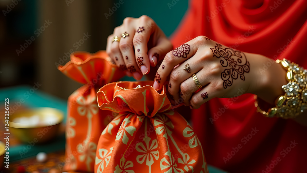Fototapeta premium Elegant Woman Hands with Henna Applying Jewelry into Orange Gift Bags Festive Celebration Indian Culture Traditional Design Beautiful Ornament