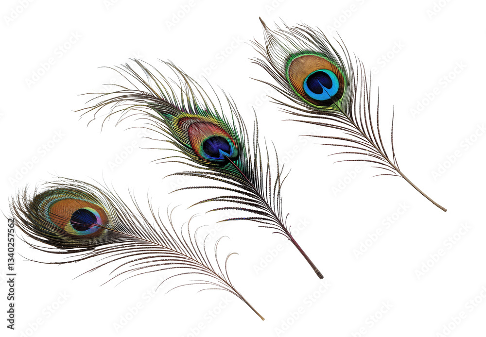 Obraz premium Elegant Peacock Feather Displaying Vibrant Colors on a Clean White Background. set Peacock Feather