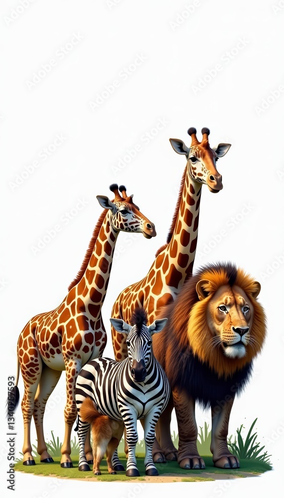 Fototapeta premium Colorful safari animals including elephant, giraffe, zebra, and lion on white background, wildlife, jungle, cute