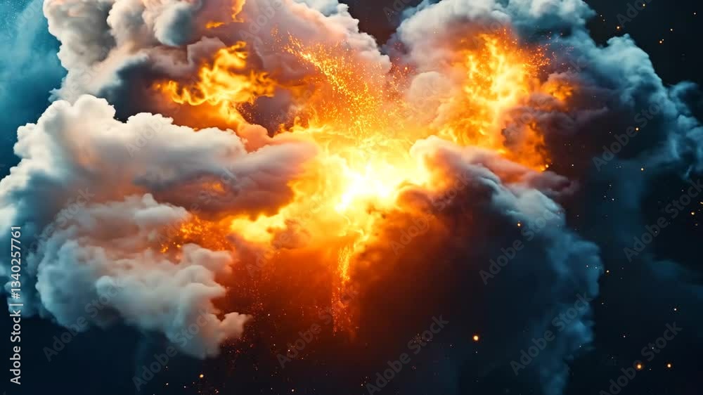 A powerful explosion of fire and smoke against a deep cosmic background, creating a dramatic and intense visual. The glowing embers and dynamic energy give a sense of impact, destruction, and raw 