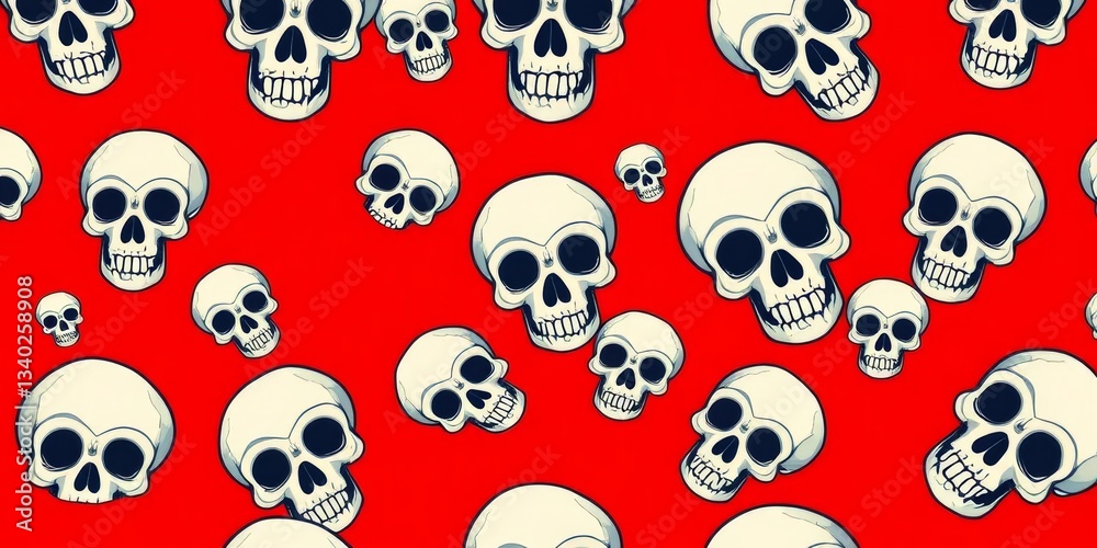 Cute skull vector pattern, bright red background, seamless, scalable, kawaii, spooky Cute skull vector pattern, bright red background, seamless, scalable, kawaii, spooky
