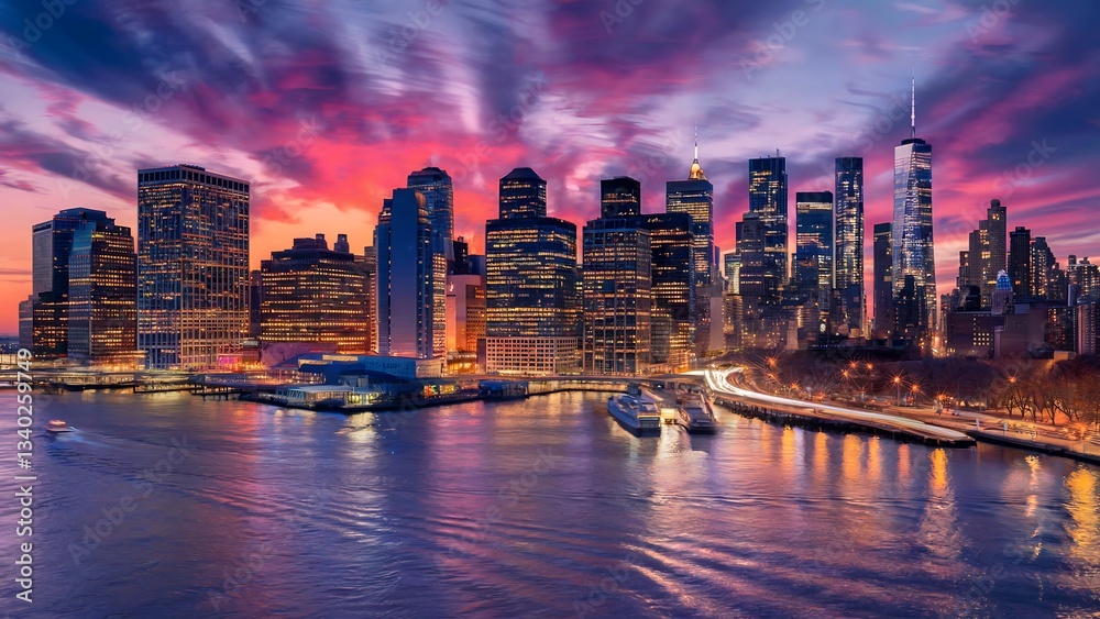 Fototapeta premium A breathtaking view of a modern city skyline at sunset, with vibrant colors painting the sky and reflecting on the river below
