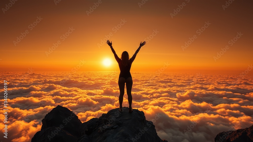 Fototapeta premium Success images, Silhouette of a young woman standing on a rock, sense of achievement, freedom, and success, 