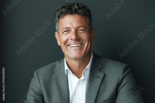 A happy and self-assured businessman, smiling broadly in a formal jacket, presenting a professional and approachable image for his business profile. photo