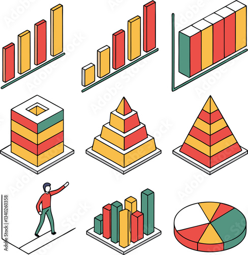 Nine colorful, isometric, 3D shapes representing different types of charts and graphs.