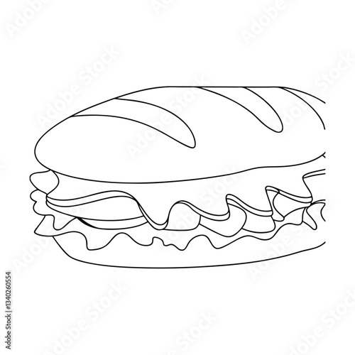 Delicious Sub Sandwich Bread, Lettuce, Filling, Outline Drawing