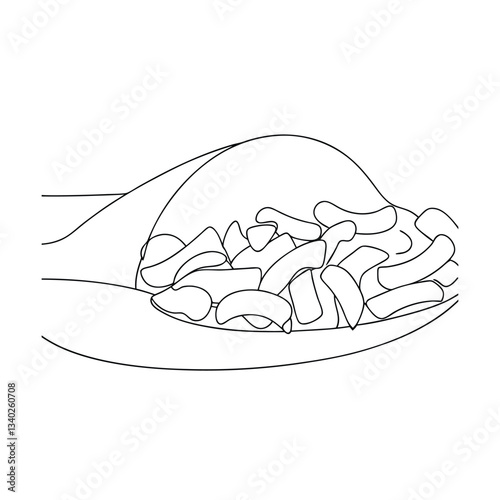 Line Art Drawing of Chicken and Fries on Plate