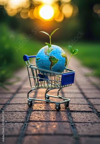 Mini shopping cart with globe and plants symbolizes sustainable consumer choices. ethical	