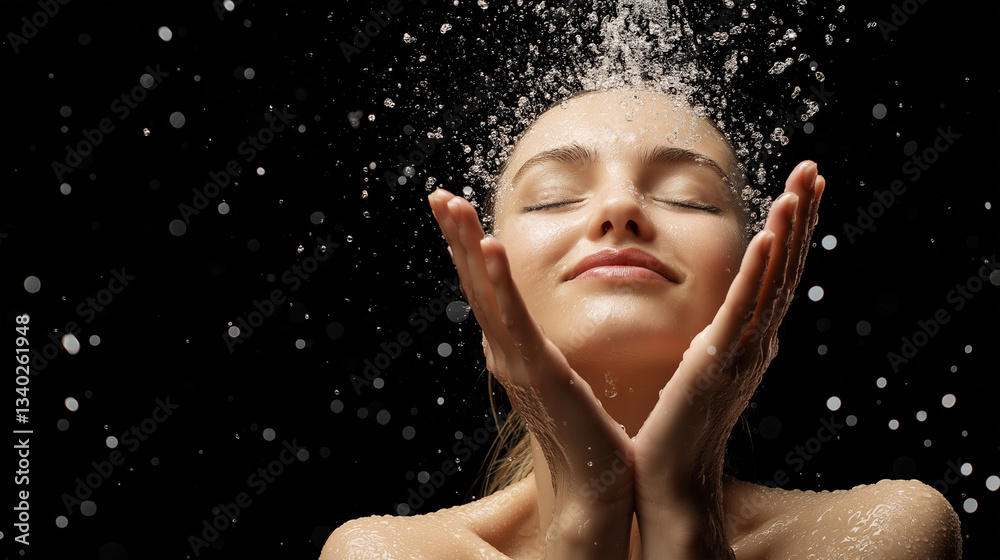 Fototapeta premium Woman Enjoying a Refreshing Shower with Water Spray.