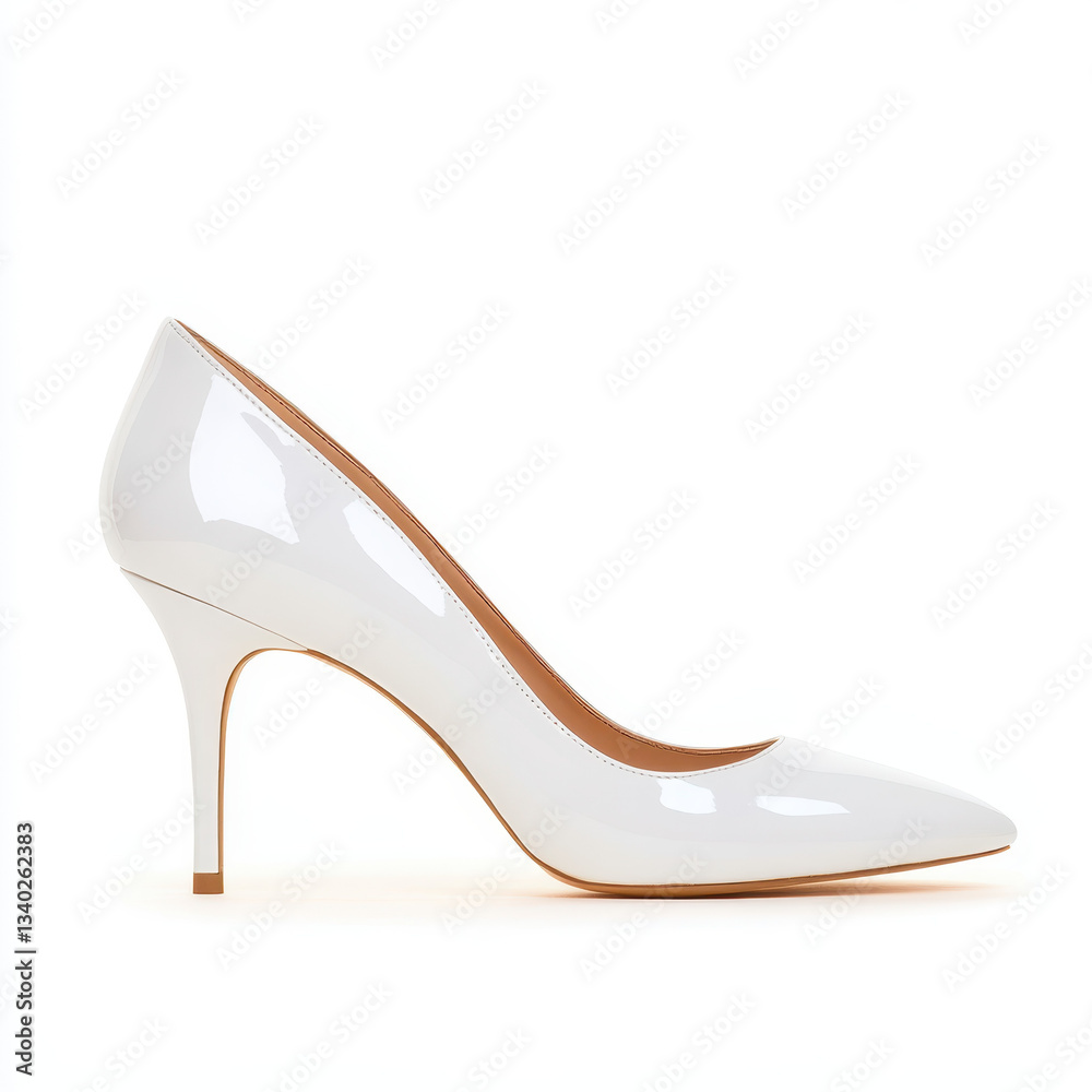 Sleek white high heels with glossy finish on clean background Sleek white high heels with glossy finish on clean background