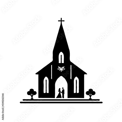 a minimalistic silhouette of a Church Wedding outline with a bold black line on a clean white background