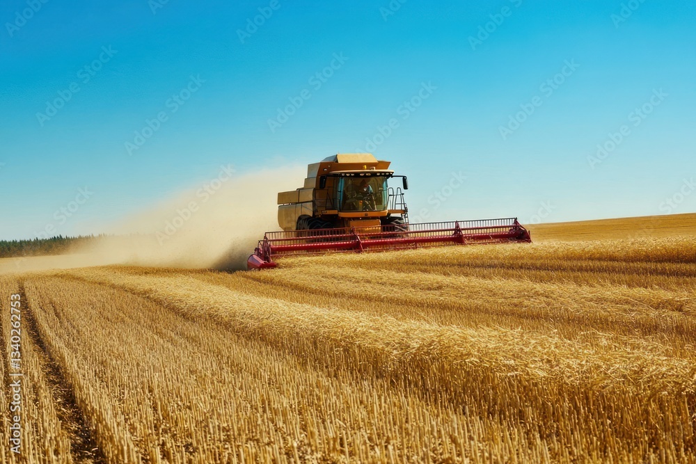 Obraz premium A hardworking farmer driving a combine harvester through golden fields, a clear blue sky overhead.