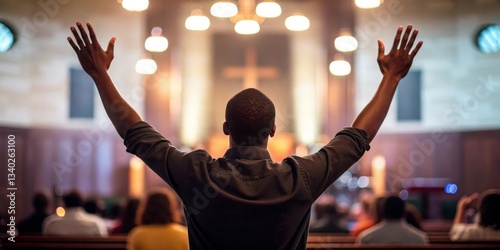 Man raised hands offers a prayer faith, hope under light of heaven, seeking god's help. People gather in a church on Good Friday to worship, pray, and believe in grace love of Jesus Christ Easter.