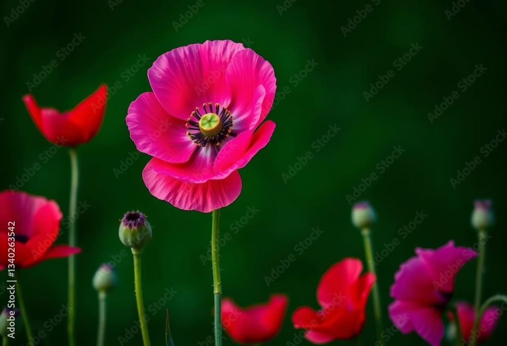 Dark green backdrop, vibrant pink poppy, red and purple poppy accents, background, advertisement Dark green backdrop, vibrant pink poppy, red and purple poppy accents, background, advertisement